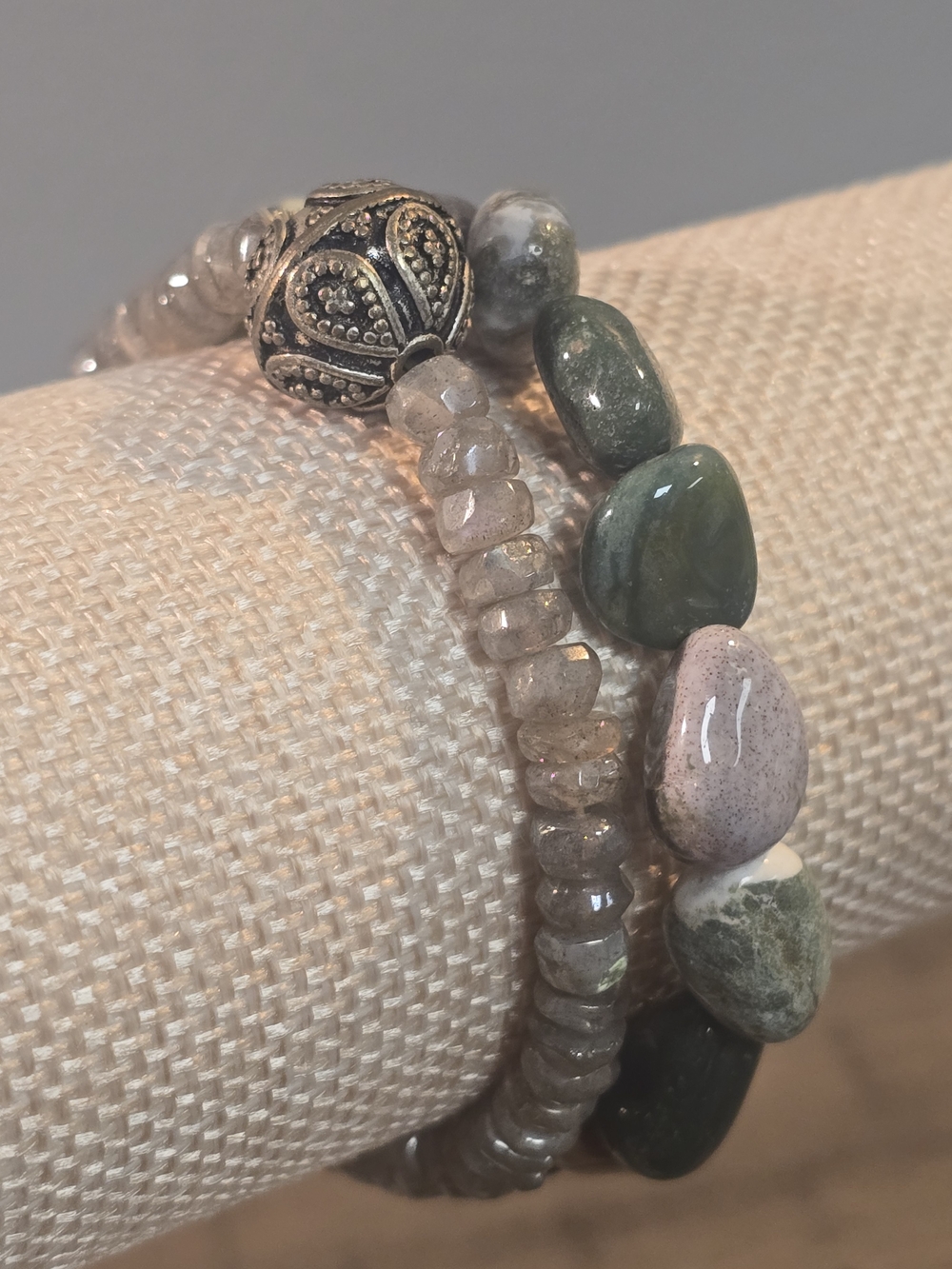 Handmade Green and Neutral Bead Stretch Bracelet Set - Unbranded